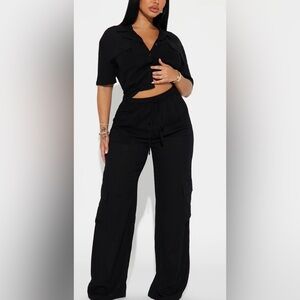 Women's Black Cargo Pants set Breezy Paradise Linen Cover Up Cargo